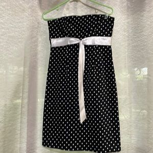 Strapless black and white polka dots cocktail dress with white satin ribbon